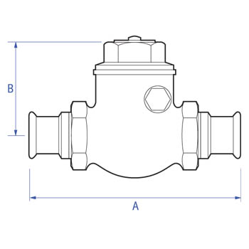 Press-fit swing check valve. XPress ends for copper/carbon steel/stainless steel tube dimensions