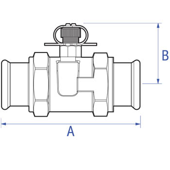 DZR metering station.  DZR brass body with test points, XPress ends for copper/carbon steel/stainless steel tube. dimensions