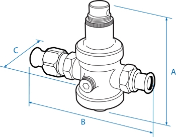 Pressure reducing valve. XPress union outlet x XPress end for copper/carbon steel/stainless steel tube. Nickel plated dimensions