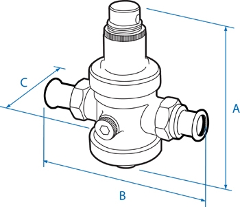 Pressure reducing valve. XPress ends for copper/carbon steel/stainless steel tube. Adjustable 0.5 to 6.0 bar. Nickel plated dimensions