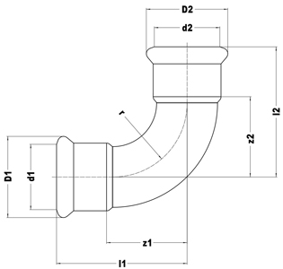 90° Elbow, press-fit x press-fit dimensions