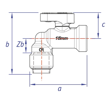 Bent appliance valve, push fit x 3/4 BSP dimensions