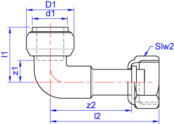 Bent tap connector, push-fit x BSP union nut. Spigot and washer joint dimensions