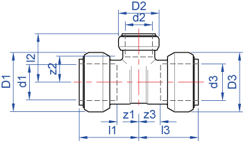 Tee, reduced branch, push-fit on all ends dimensions