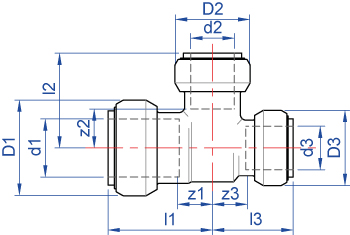 Tee, one end and branch reduced, push-fit on all ends dimensions