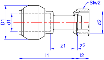 Tap connector, push-fit x BSP union nut. Spigot and washer joint dimensions