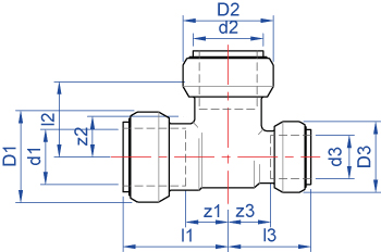 Tee, one end reduced, push-fit on all ends dimensions