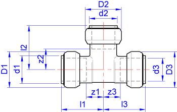 Equal tee, push-fit on all ends dimensions