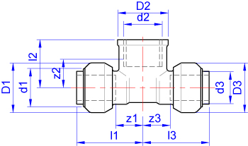 Female branch tee, push-fit ends x BSP parallel female branch dimensions