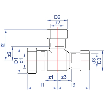 Tee, one end and branch reduced push-fit on all ends dimensions