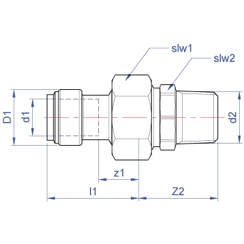 Straight male union connector, push-fit x BSP taper male thread dimensions