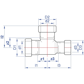 Tee, one end reduced push-fit on all ends dimensions