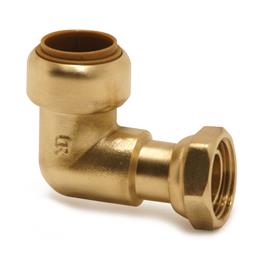 Bent tap connector, push-fit x BSP union nut. Spigot and washer joint