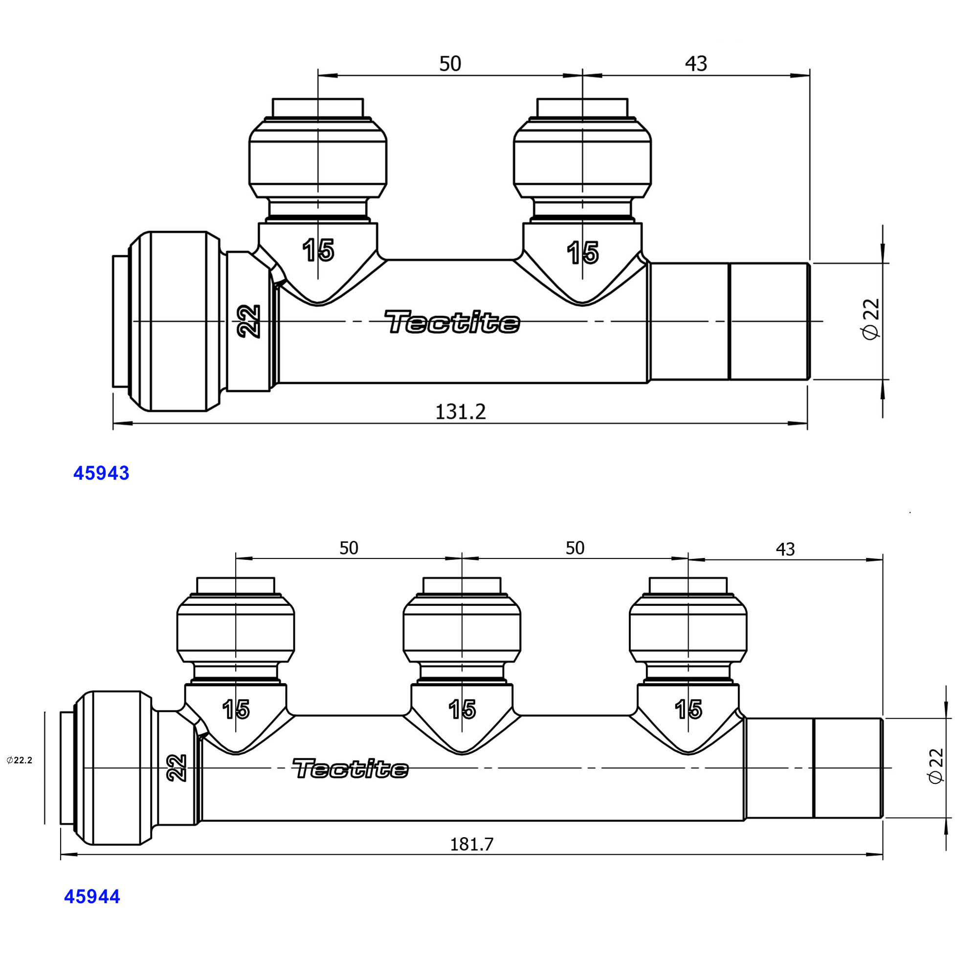 Manifold, push-fit x male end for insertion into fitting x push-fit outlets.dimensions