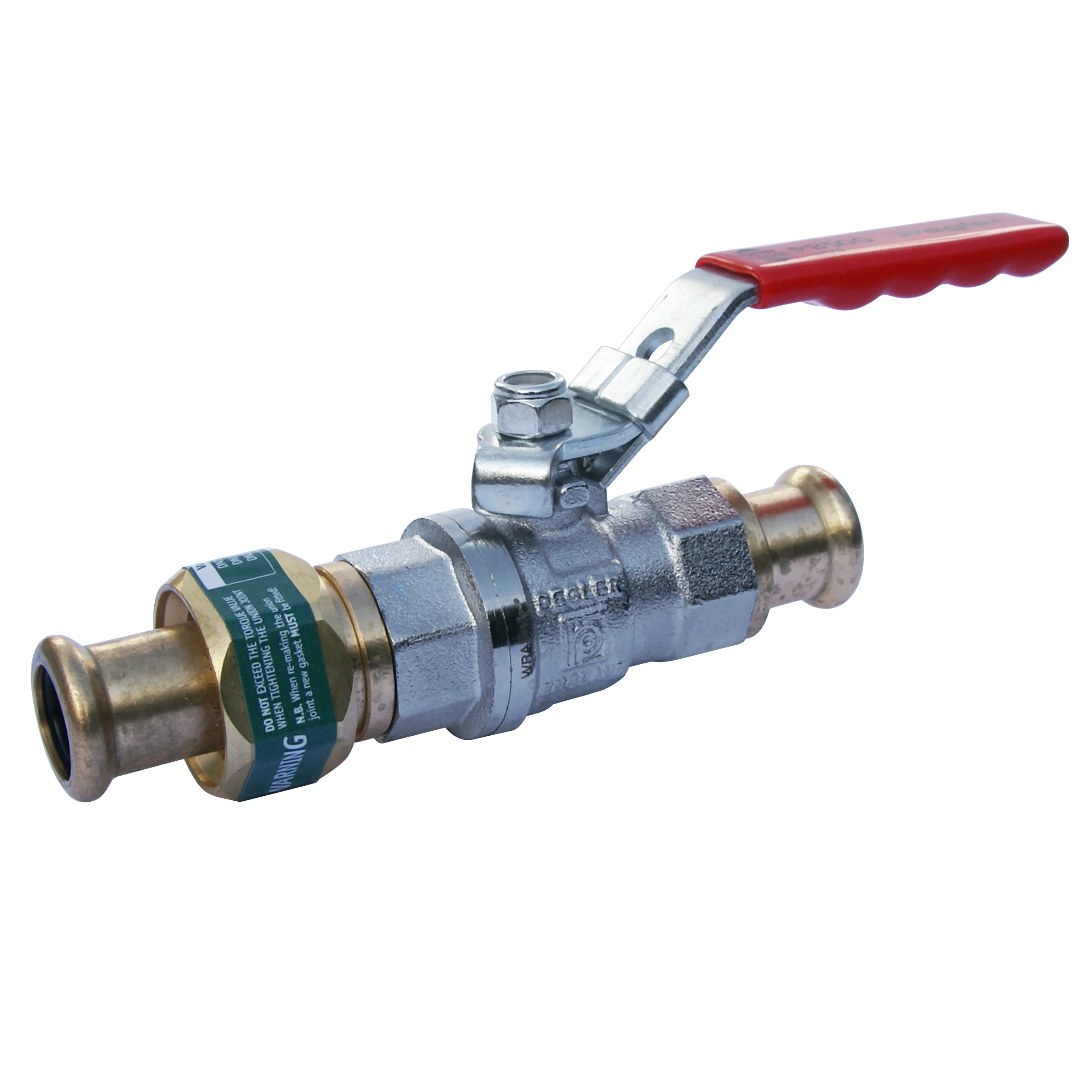 Brass chrome plated ball valve with lever, full bore. XPress union x XPress end for copper, carbon/stainless steel<br/>