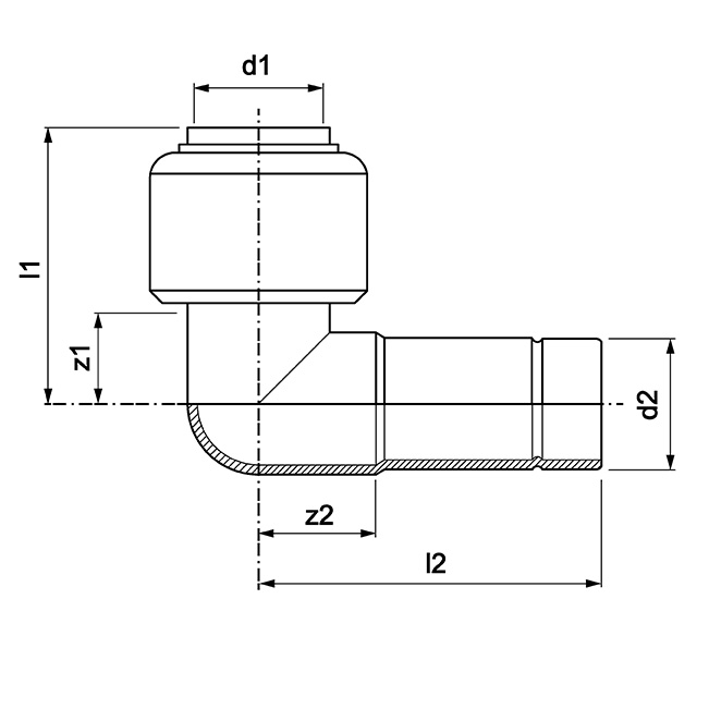 Street elbow, push-fit x male end for insertion into fitting dimensions