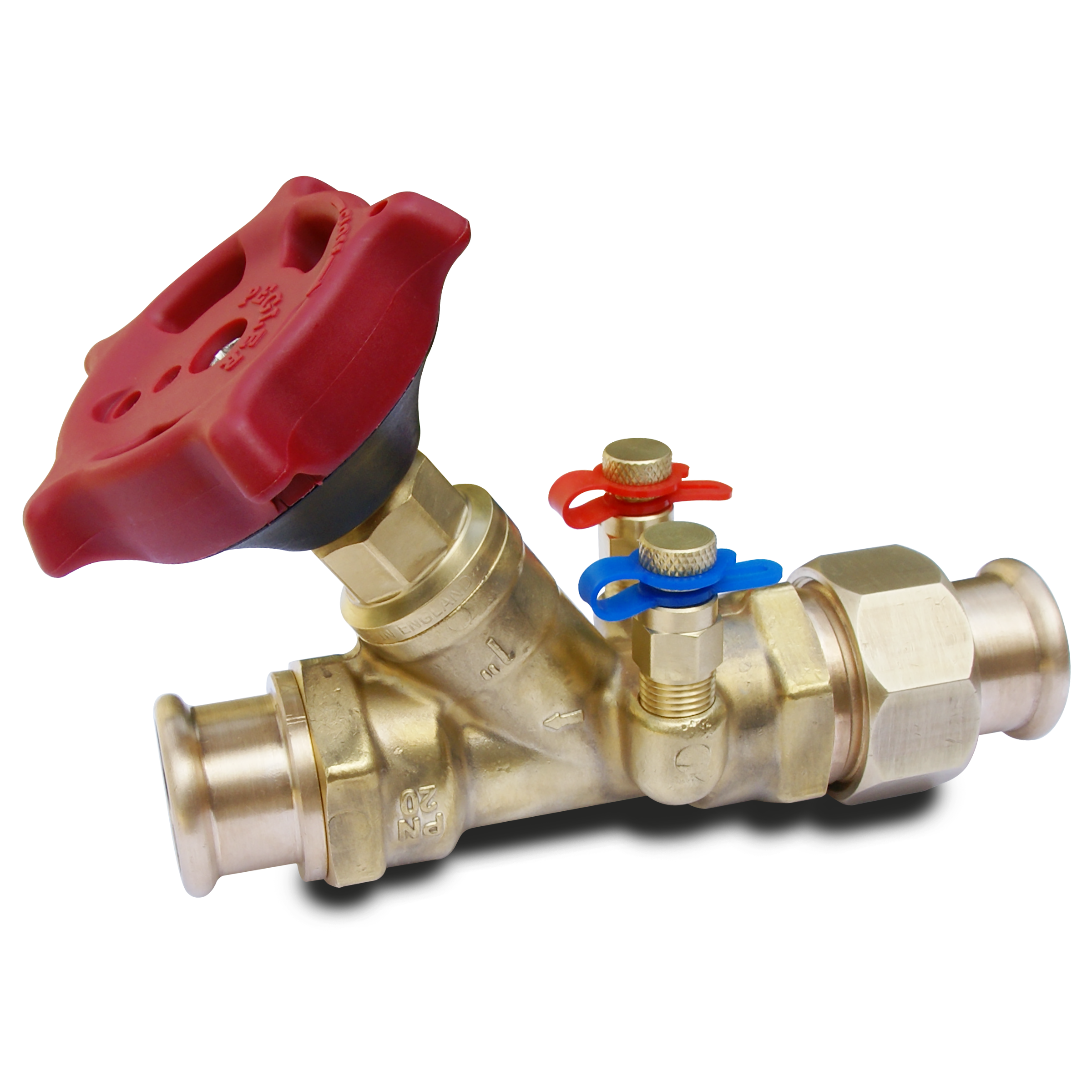 Commissioning valve (FODRV). DZR brass body with test points. XPress union inlet x XPress end for copper, carbon/stainless steel<br/>