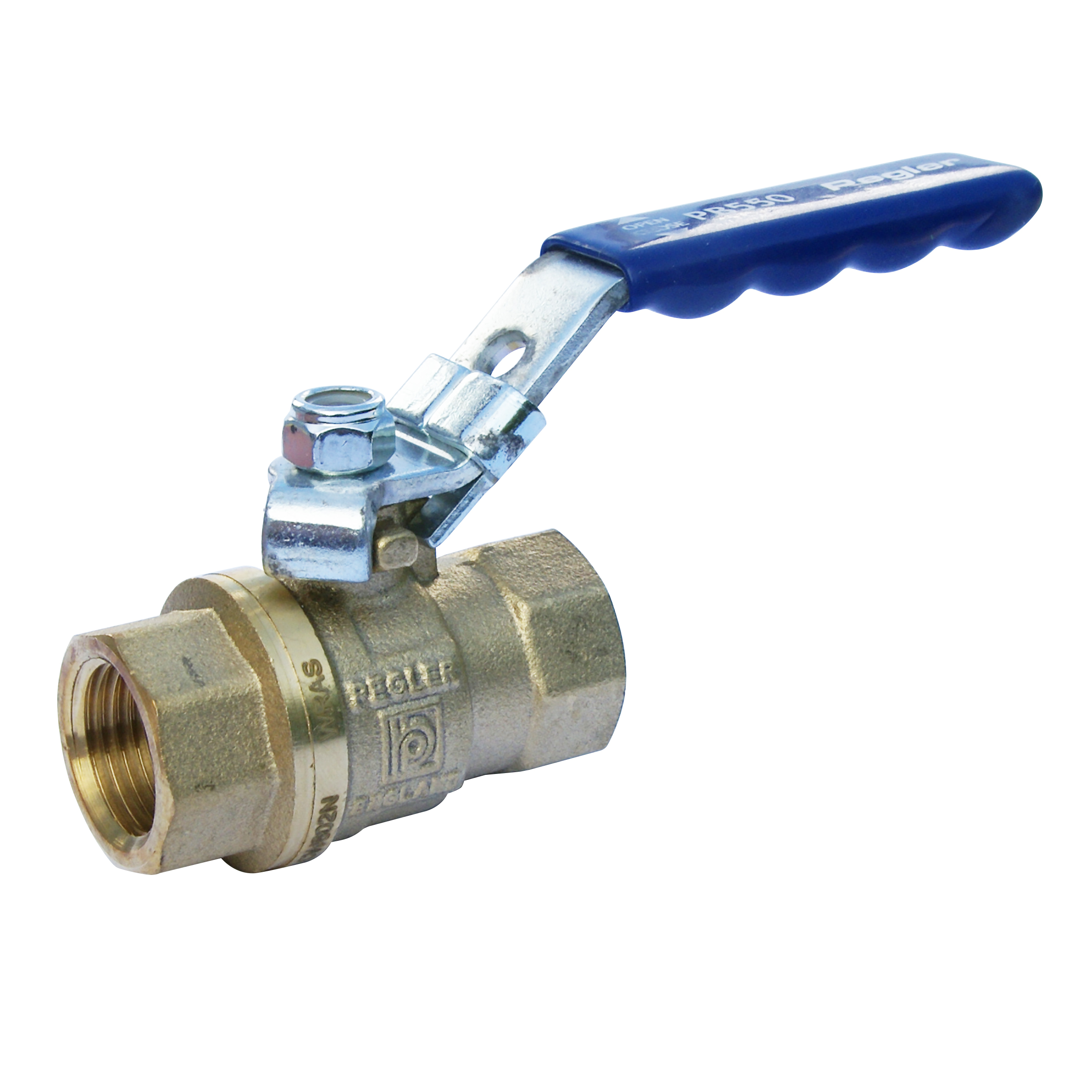 Full bore DZR lever ball valve. Blue lever handle, female ends, PN25