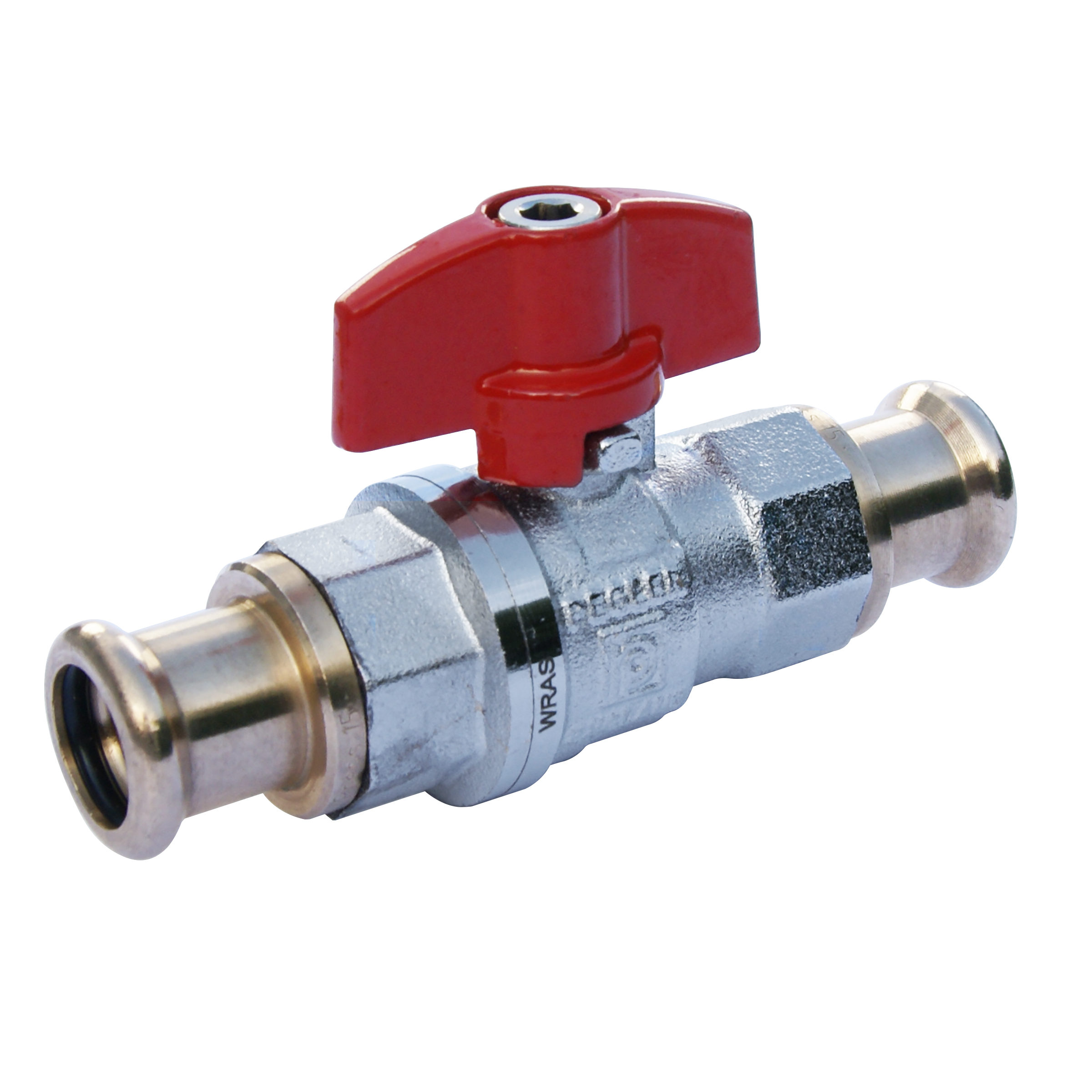 Brass chrome plated ball valve with tee, full bore. XPress ends for copper/carbon steel/stainless steel tube