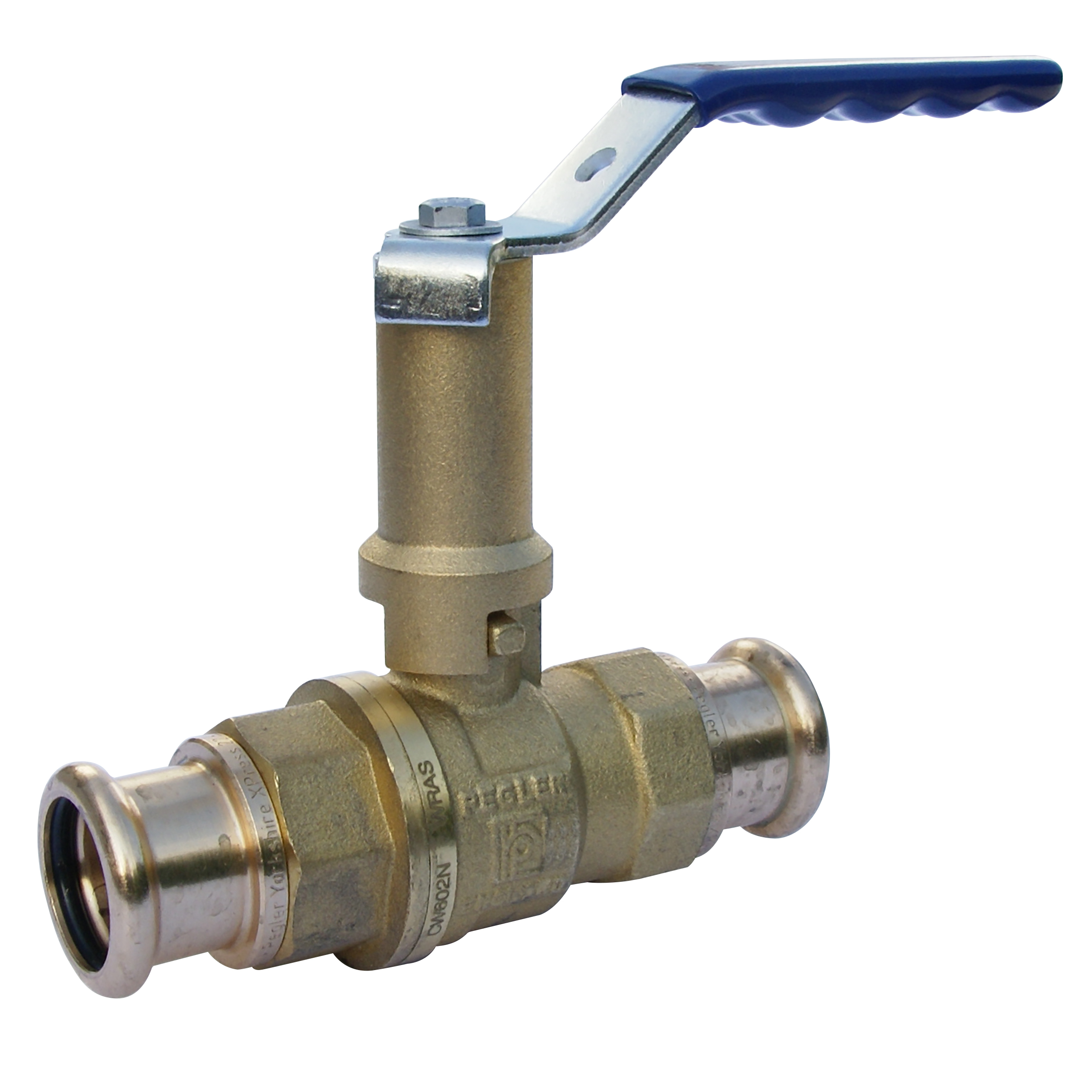 Full bore DZR lever ball valve. Extended stem. Blue lever handle, press ends, PN25