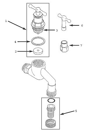 Bibplus combined hose union Bibtap with integral double check valve, DZR metal, crutch top spares diagram